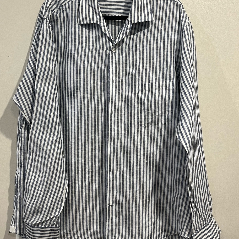 Loro Piana Navy and White Striped Shirt